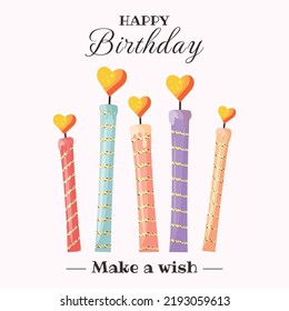 Make a wish. Happy birthday card with candles. Happy Birthday. Vector illustration	
