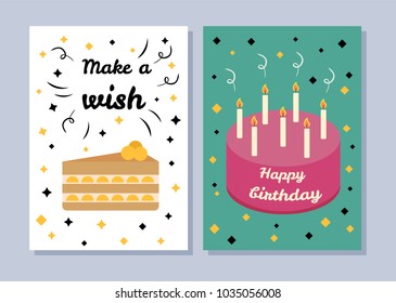 Make a wish and happy birthday, two bright banners, birthday cake with many flaming candles, abstract confetti, colorful geometric figures on backdrop