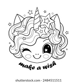 Make a wish. Head of a cute cartoon unicorn with stars. Black and white linear drawing. For children's design of coloring books, cards, posters, prints on T-shirts, cups, etc. Vector illustration