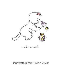 Make a Wish. Illustration of a cute cat catching stars with the butterfly net isolated on a white background. Vector 10 EPS.