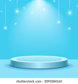 Make a wish. Illustration with falling stars. Dream 3d design concept.  Product podium. Blue starry background. Sale vector banner.  Retail display stand. Winner pedestal. Winter, spring promo stage.