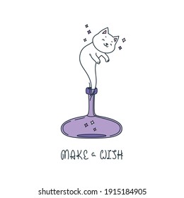Make a Wish. Illustration of a funny cat genie coming out of the magic bottle isolated on a white background. Vector 10 EPS.
