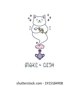 Make a Wish. Illustration of a funny cat genie coming out of the magic bottle isolated on a white background. Vector 10 EPS.