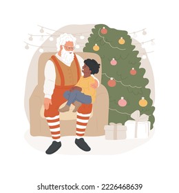 Make a wish isolated cartoon vector illustration. Kid sitting on Santas lap, making a wish about present, Christmas gifts, shopping mall activity for children, winter holiday vector cartoon.