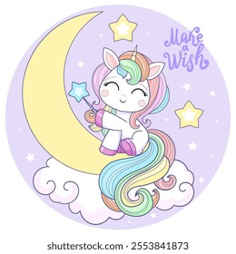 Make a wish. Kawaii unicorn with a magic wand sits on the moon. For children's design of prints, posters, cards, stickers, etc. Vector illustration.