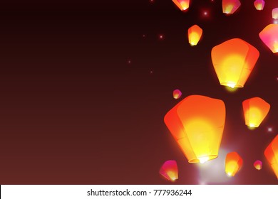 Make a wish lanterns floating in a dark night sky. Vector illustration. Chinese New Year of the rooster.