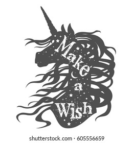 Make a wish. Magic unicorn head silhouette with quote.  Beautiful fantasy print for t-shirt design.  Inspirational and motivational vector