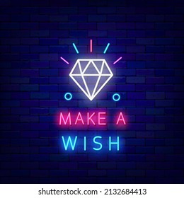 Make a wish neon sign. Magic diamond. Shiny miracle. Luminous emblem. Holiday design. Happy birthday concept on brick wall. Light phrase. Vector stock illustration