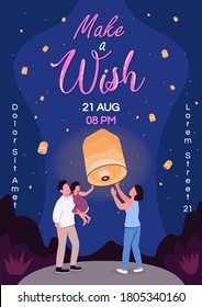 Make wish poster flat vector template. Sky lantern festival. Chinese flying lights. Brochure, booklet one page concept design with cartoon characters. Family bonding activity flyer, leaflet