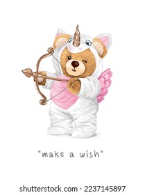 make a wish slogan with beard doll in cute unicorn costume holding arrows vecrtor illustration