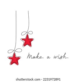 Make A Wish slogan quote with linear star icon. Vector handwritten lettering. Modern line calligraphy, text design, print, banner, poster, winter holiday greeting card, Christmas tree ornament.
