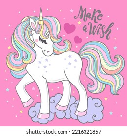 make a wish slogan. White unicorn on a pink background. Magic animal. For children's design of prints, posters, cards, stickers and so on. Vector illustration