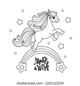 Make a wish. Unicorn on the rainbow. Black and white linear drawing. For children's design of coloring books, prints, posters, puzzles, postcards and so on. Vector