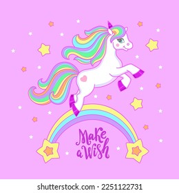 Make a wish. White unicorn on the rainbow. The theme of magic and sorcery. For children's design of prints, posters, stickers, cards and so on. Vector