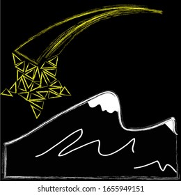Make a wish.Big yellow shooting star in the night.Mountain.