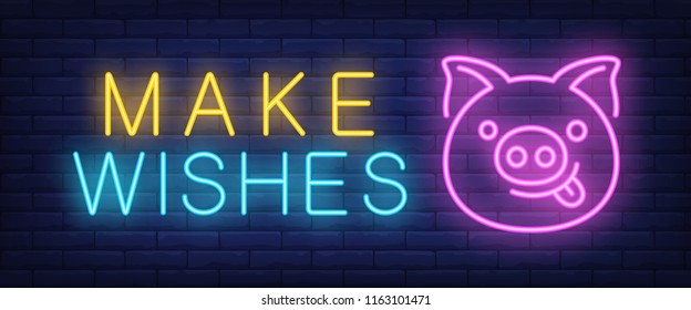 Make wishes neon text with funny pig face. New Year day and Christmas design. Night bright neon sign, colorful billboard, light banner. Vector illustration in neon style.