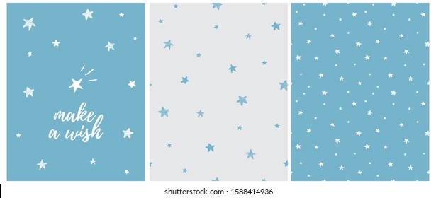 Make a Wish.Lovely Nusery Art with White Hand Drawn Twinkle Stars Isolated on a Blue Background. Blue and Gray Starry Sky Seamless Vector Pattern. Cute Night Sky Illustration for Card,Wall Art,Fabric.