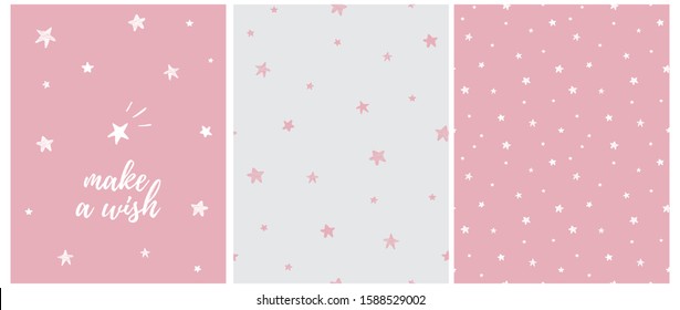 Make a Wish.Lovely Nusery Art with White Hand Drawn Twinkle Stars Isolated on a Pink Background. Pink and Gray Starry Sky Seamless Vector Pattern. Cute Night Sky Illustration for Card,Wall Art,Fabric.