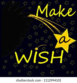 Make a wish.Night scene with stars,shooting star and wings from the owl.Nature.