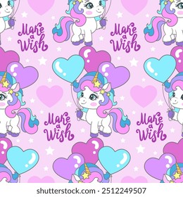 Make a wish..Seamless pattern with unicorns and balloons, on a pink background. Waiting for children's design of fabric, backgrounds, wallpapers, prints, posters, wrapping paper, etc. Vector