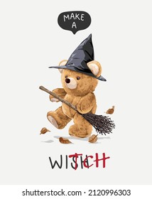 make a witch slogan with bear doll in witch costume sweeping dead leaves vector illustration