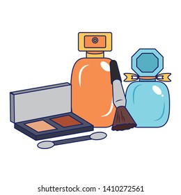 Make up and women fashion beauty eye shadows perfume bottles and brush vector illustration graphic design