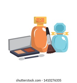 Make up and women fashion beauty eye shadows perfume bottles and brush vector illustration graphic design