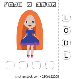 Make the word DOLL from the scattered letters, cut and connect. Educational game for children.
