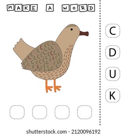 Make the word DUCK from the scattered letters, cut and connect. Educational game for children.

