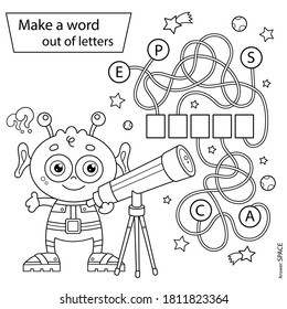 Haz una palabra con letras. Juego de laberinto o laberinto. Camino enredado. Esquema de la página de color de la caricatura alienígena con telescopio. El espacio y la astronomía. Libro de colorear para niños.