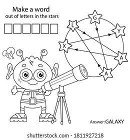 Make a word out of letters in the stars. Puzzle Game. Coloring Page Outline Of Cartoon alien with telescope. Space. Coloring book for kids.