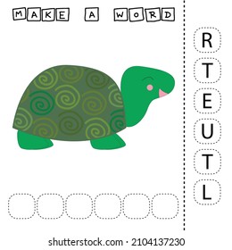 Make the word TURTLE from the scattered letters, cut and connect. Educational game for children.
