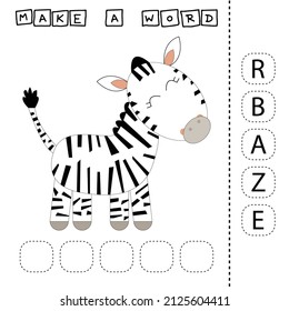 Make the word ZEBRA from the scattered letters, cut and connect. Educational game for children.