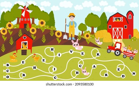 Make words from letters labyrinth, printable worksheet for studying english for kids in cartton style with farmer, harvest of sunflowers, hens and tractor