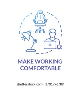 Make working comfortable blue concept icon. Workplace at home. Freelancer workspace. Desk for laptop. Quarantine idea thin line illustration. Vector isolated outline RGB color drawing