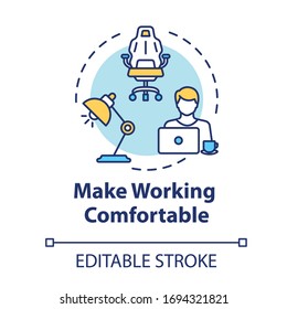 Make working comfortable concept icon. Workplace at home. Freelancer workspace. Desk for laptop. Quarantine idea thin line illustration. Vector isolated outline RGB color drawing. Editable stroke