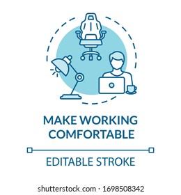 Make working comfortable turquoise concept icon. Workplace at home. Freelancer workspace. Quarantine idea thin line illustration. Vector isolated outline RGB color drawing. Editable stroke