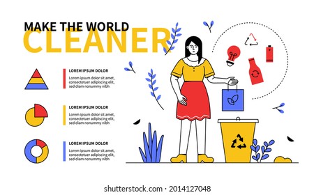 Hacer el mundo más limpio - estilo de línea de diseño de banner web sobre fondo blanco con espacio de copia para texto. Una composición con una mujer tirando una bolsa en un contenedor de reciclaje. Estilo de vida ecológico, idea de clasificación de residuos