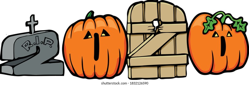Make your 2020 Halloween invitations extra spooky with this design. This halloween design features the 2020 composed of pumpkins, haunted gates and tombstones. 
