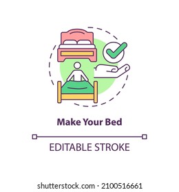 Make your bed concept icon. Housekeeping and morning routine abstract idea thin line illustration. Isolated outline drawing. Editable stroke. Roboto-Medium, Myriad Pro-Bold fonts used