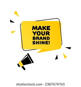 Haz que tu marca brille. Plano, amarillo, texto de un megáfono, haz brillar tu marca. Icono de vector