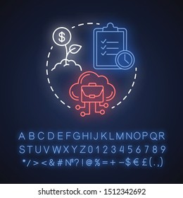 Make your business growth neon light concept icon. Digital marketing idea. Company strategy, increase profit. Glowing sign with alphabet, numbers and symbols. Vector isolated illustration