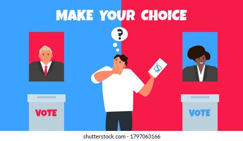 make your choice. thinking man with question mark and voting ballot choose a candidate vector illustration