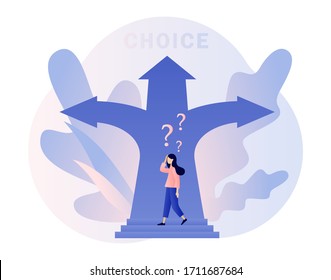 Make your choice. Tiny girl choosing of way. Metaphor alternatives or opportunities, life dilemma, decision making. Modern flat cartoon style. Vector illustration on white background