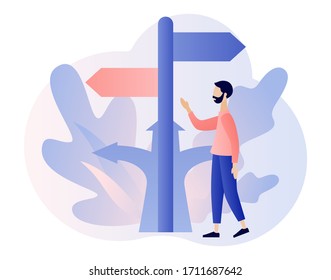 Make your choice. Tiny man choosing of directions. Metaphor alternatives or opportunities, life dilemma, decision making. Modern flat cartoon style. Vector illustration on white background