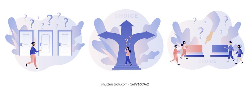 Make your choice. Tiny people choosing of directions. Metaphor alternatives or opportunities, life dilemma, decision making. Modern flat cartoon style. Vector illustration on white background