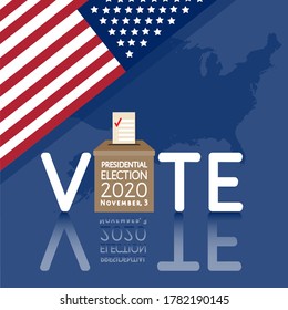 Toma tu decisión, vota. Banner de las elecciones presidenciales 2020 en Estados Unidos. Casilla de votación, boletín, signo de marca, mapa de los Estados Unidos de América, fondo de la bandera. Llamada a la acción Plantilla de vector aislada en azul oscuro