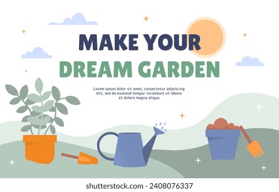 Haz tu afiche de jardín de ensueño. Aguas con palas y plantas en maceta de flores. Jardinería y agricultura, horticultura. Diseño de página de inicio. Te importan las flores. Dibujo vectorial plano de dibujos animados