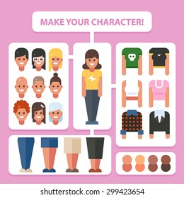 Make your flat character. Woman in different versions. Vector stock illustration.