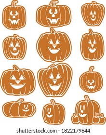 Make your halloween craft projects spooky with these pumpkins. This illustration features a variety of different jack o lanterns. 
